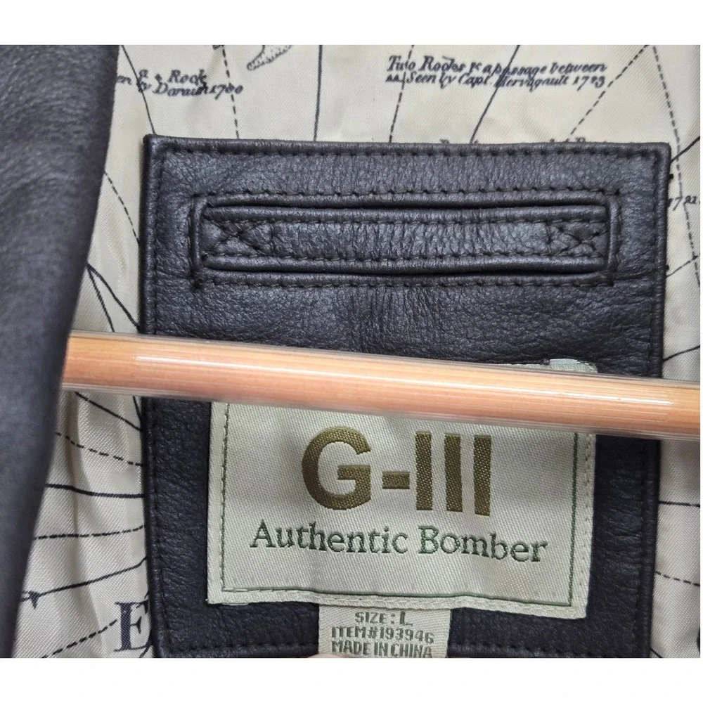 GIII G3 Mens L Brown Bomber Flight Jacket Full Zip Pockets Cool Classic Map‎